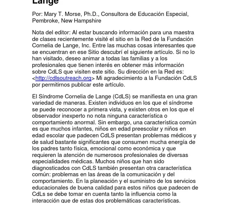 PROTOCOLO DE EDUCACIÓN PARA NIÑOS QUE PADECEN DEL SÍNDROME DE CORNELIA DE LANGE by Mary T. Morse